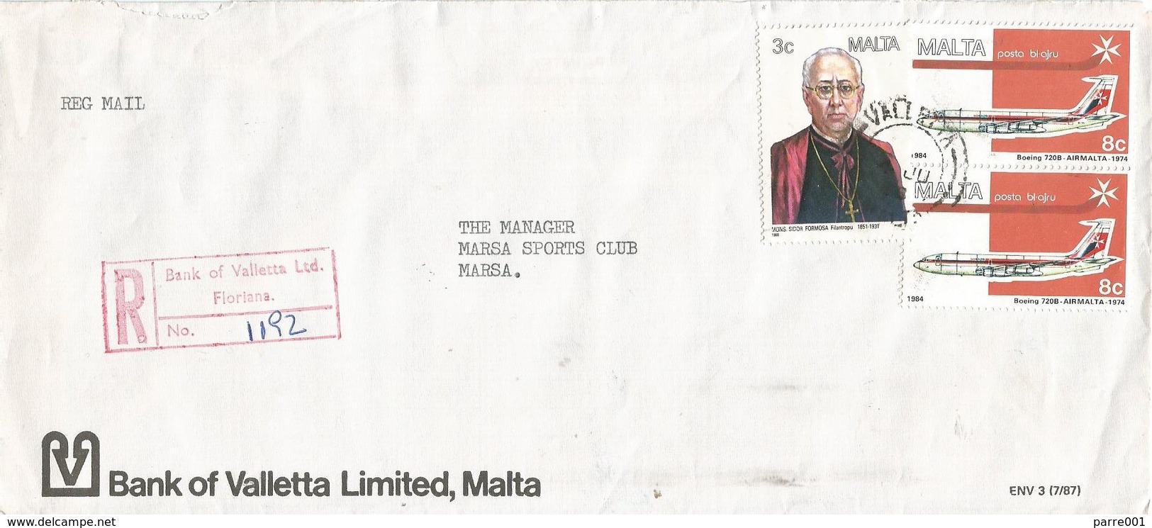 Malta 1988 Floriana Priest Boeing 720B Airplane Bank Of Valletta Registered Domestic Cover - Malte
