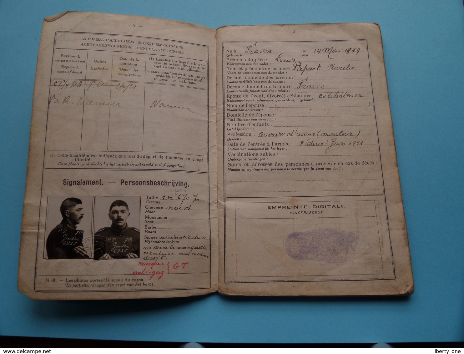 Livret De MOBILISATION Zakboekje PAULIER Camille Née FRAIRE 14 Mai 1899 ( Armée Belge ) Classe 1919 ( Zie Foto's ) ! - Documents