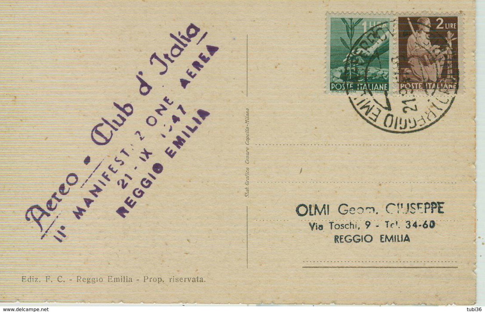 "REGGIO EMILIA - STAZIONE CENTRALE FF.SS-MANIFESTAZIONE AEREA 21.IX.1947",B/N,ANIMATA,VIAGGIATA 1947,TIMBRO POSTE REGGIO - Manifestazioni