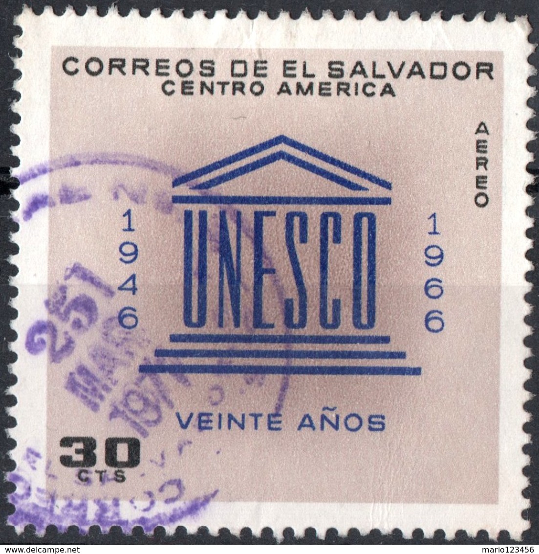 EL SALVADOR, UNESCO, POSTA AEREA, AIRMAIL, 1966, 30 C., FRANCOBOLLO USATO Mi. 926,  Scott C233 - El Salvador