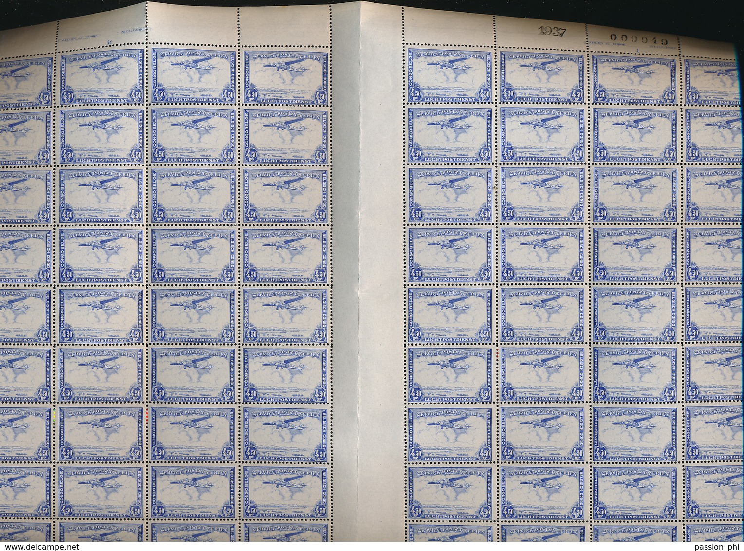 BELGIAN CONGO AIR 1934 ISSUE COB PA11 SHEET OF 100 MNH PLATE 1/2 - Full Sheets