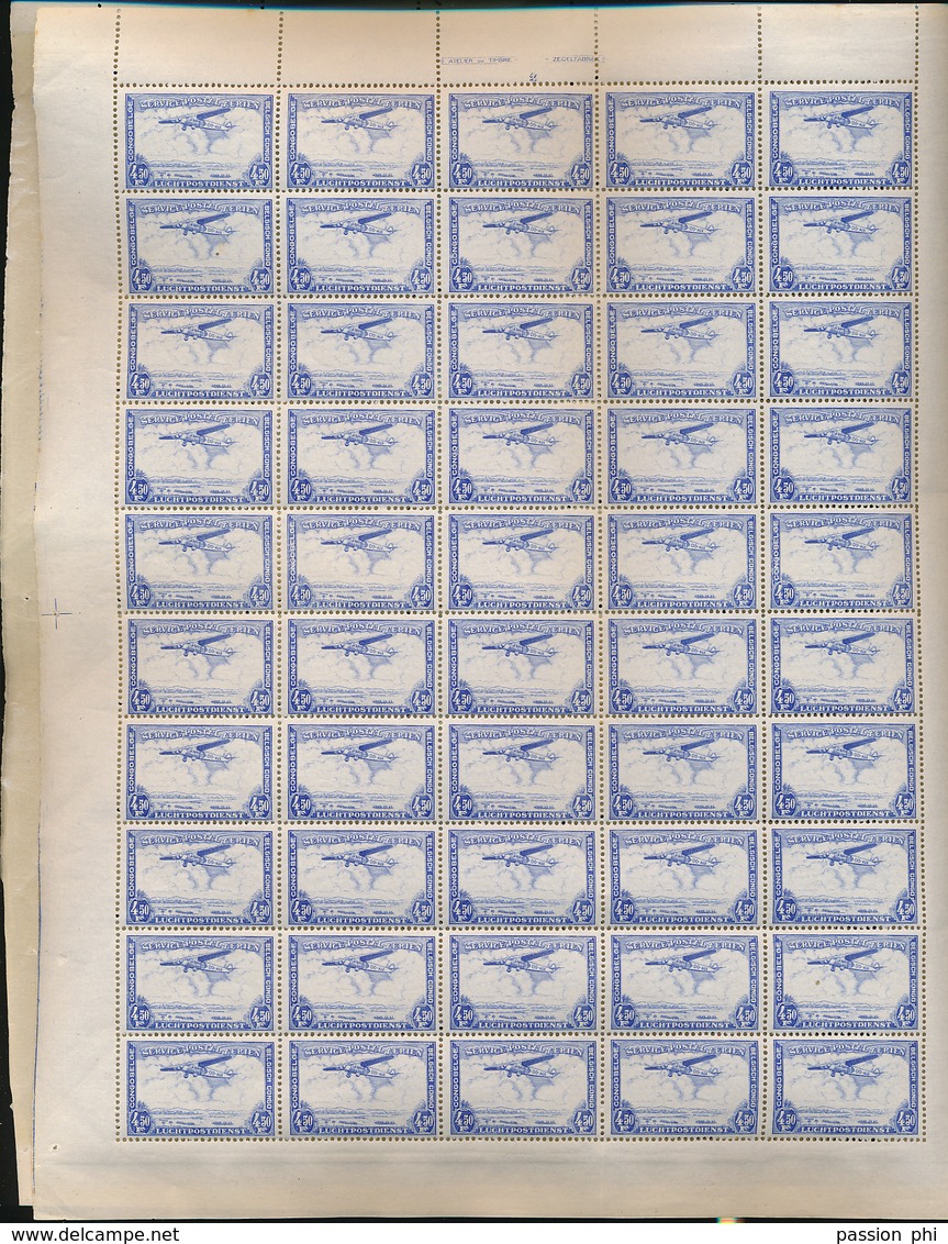 BELGIAN CONGO AIR 1934 ISSUE COB PA11 SHEET OF 100 MNH PLATE 1/2 - Full Sheets