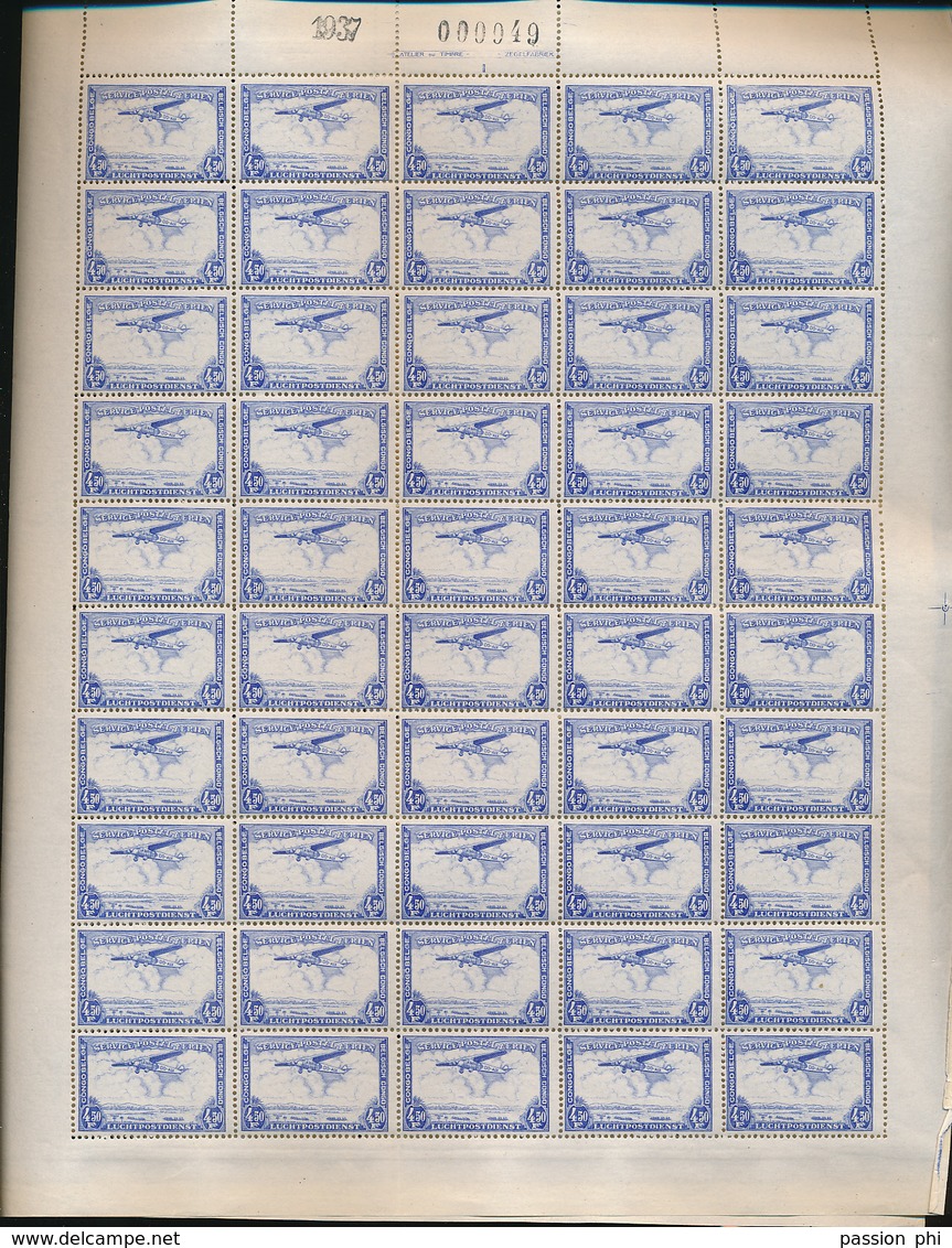 BELGIAN CONGO AIR 1934 ISSUE COB PA11 SHEET OF 100 MNH PLATE 1/2 - Full Sheets