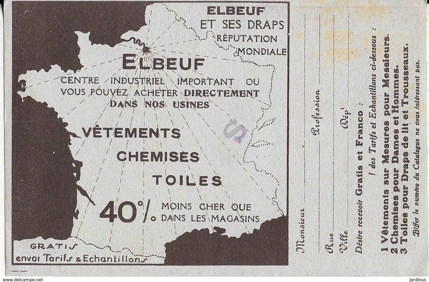 ELBEUF : Carte Postale Publicitaire Recto Verso Avec Talon Réponse De  "Union Des Manufactures" - Elbeuf