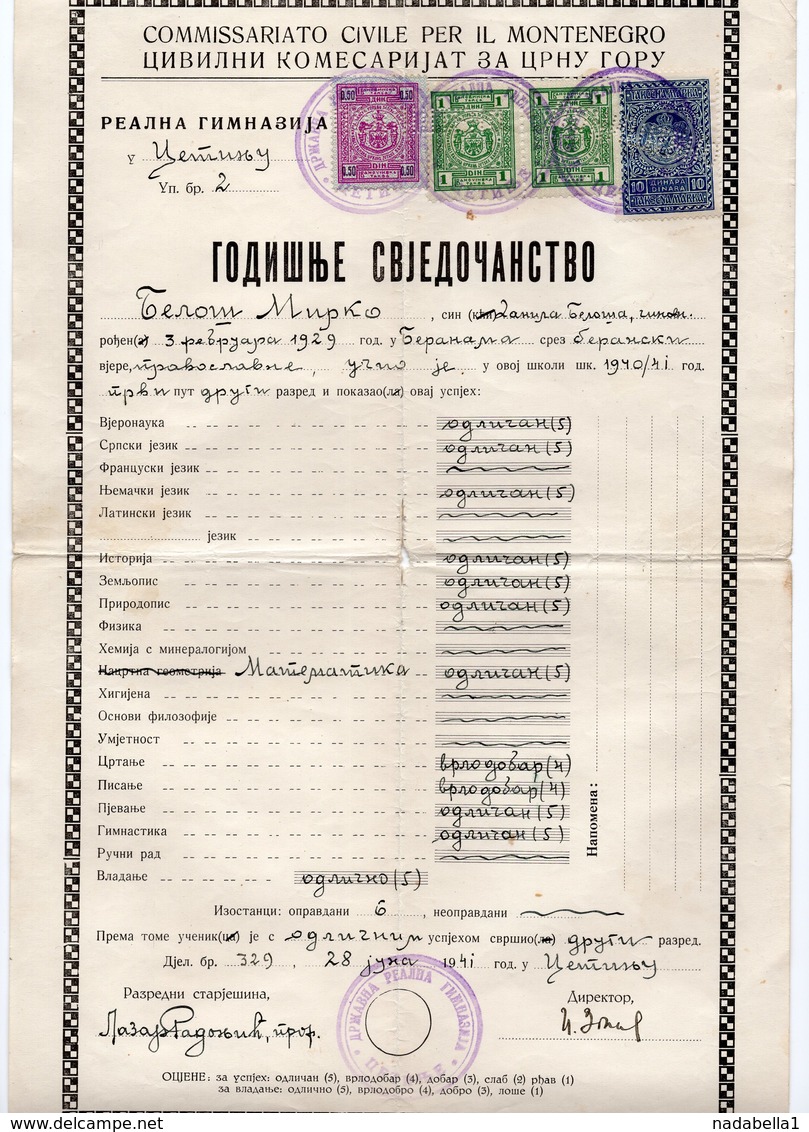 28.06.1941. WWII ITALIAN OCCUPATION OF MONTENEGRO,CETINJE,SCHOOL REPORT,4 REVENUE STAMPS USED - Montenegro