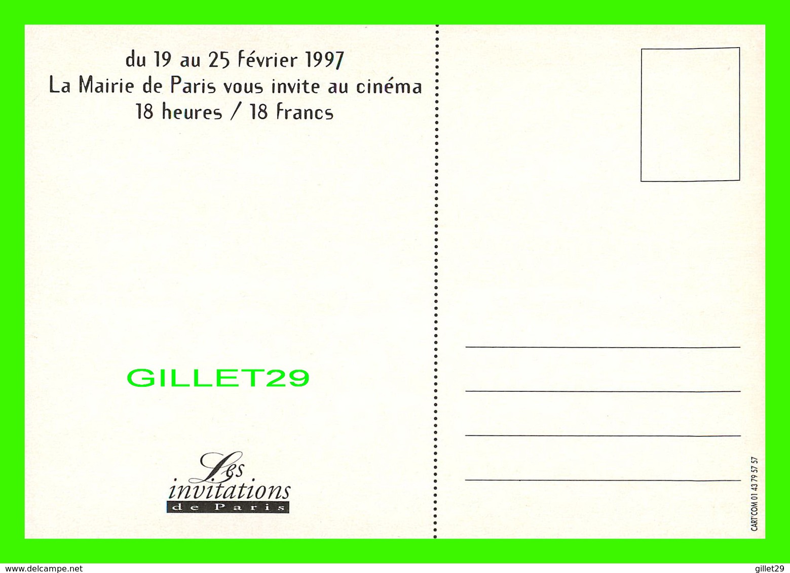ADVERTISING - PUBLICITÉ -  LA MAIRIE DE PARIS VOUS INVITE AU CINÉMA 18 HEURES / 18 FRANCS EN 1997 - - Publicité