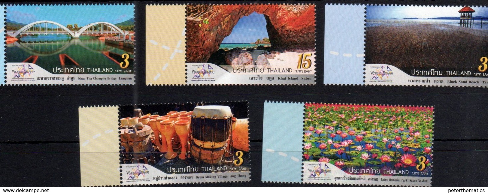 THAILAND, 2018, MNH,STAMP EXHIBITION, BRIDGES, LANDSCAPES, BEACHES ,  MUSIC, DRUMS, FLOWERS, 5v - Ponts