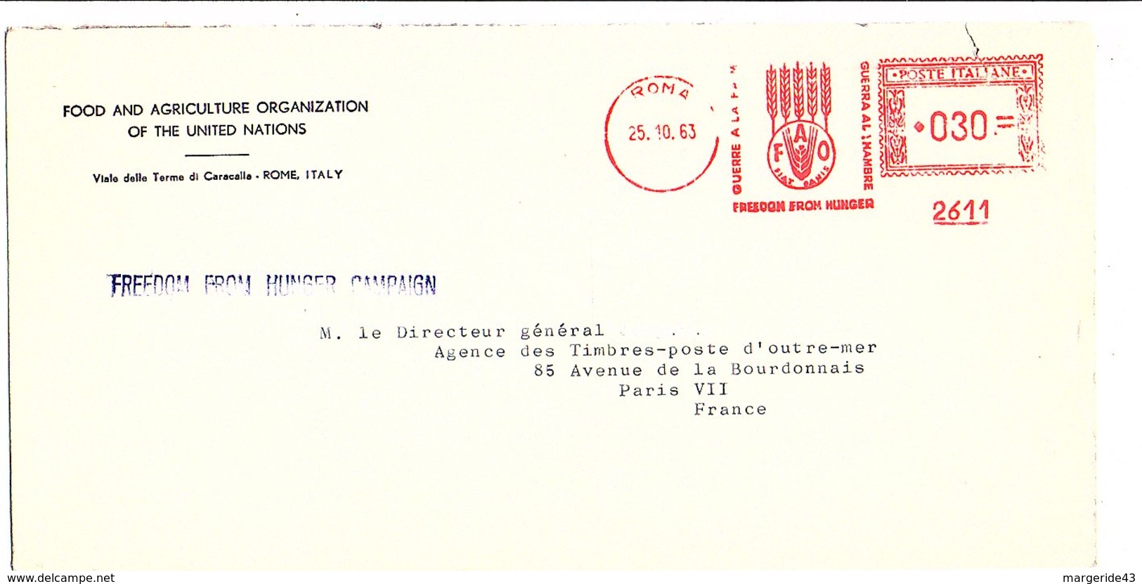 ITALIE EMA DE LA FAO DE ROME POUR LA FRANCE 1963 - Franking Machines (EMA)