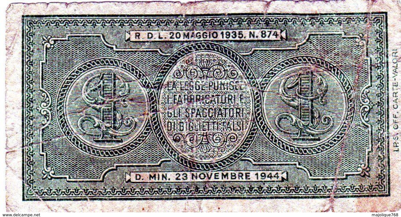Italie: Billet De 1 Lire, Biglietto Di Stato, Una Lira, 1944 En B - - Italia – 1 Lira