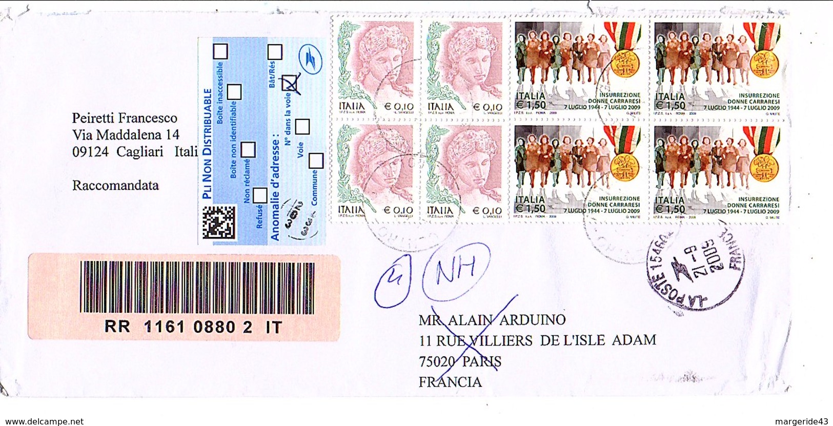 ITALIE AFFRANCHISSEMENT COMPOSE SUR LETTRE RECOMMANDEE DE CAGLIARI POUR LA FRANCE 2009 - Machines à Affranchir (EMA)