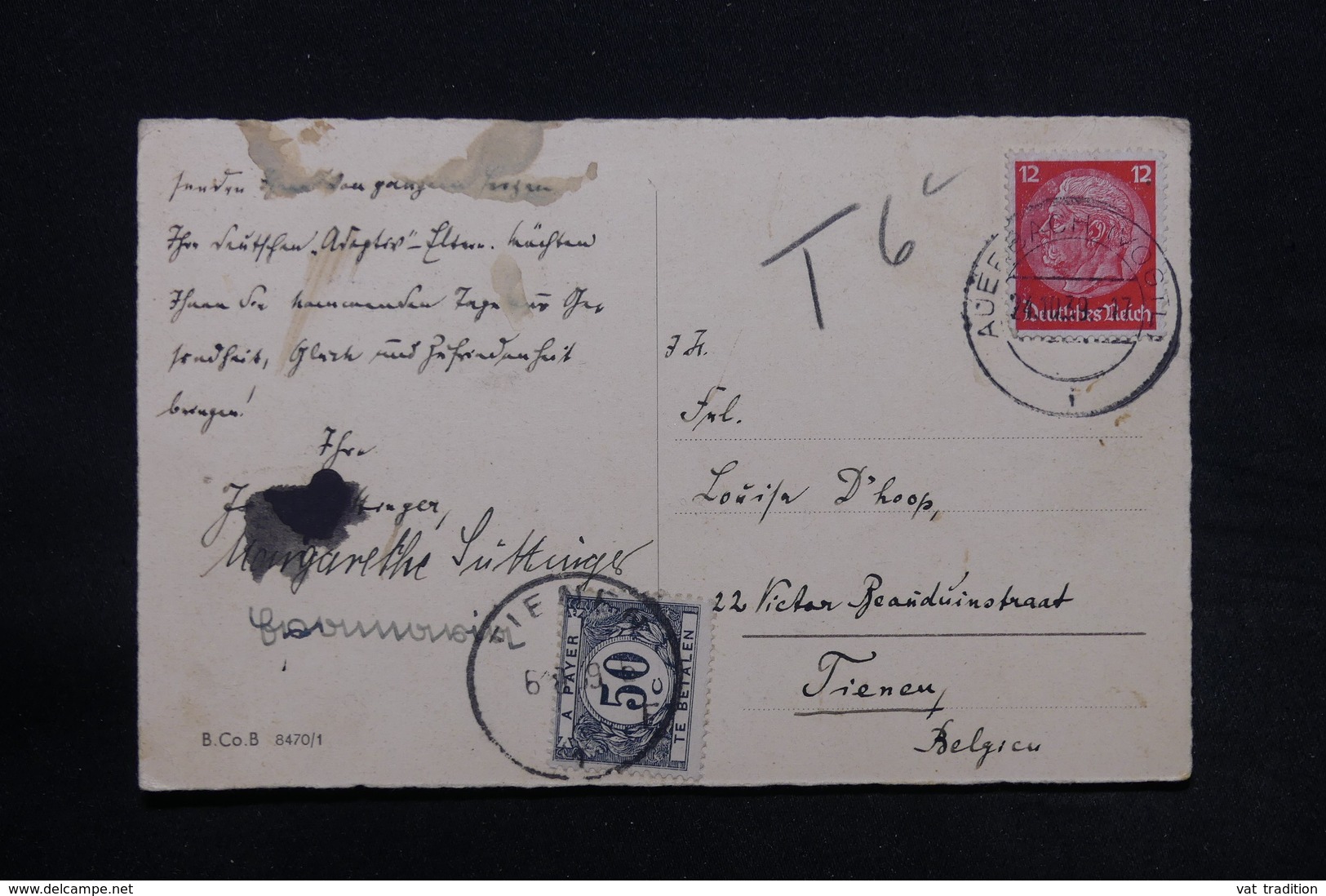BELGIQUE - Taxe De Fienen Sur Carte Postale D' Allemagne En 1939 - L 28137 - Briefe U. Dokumente
