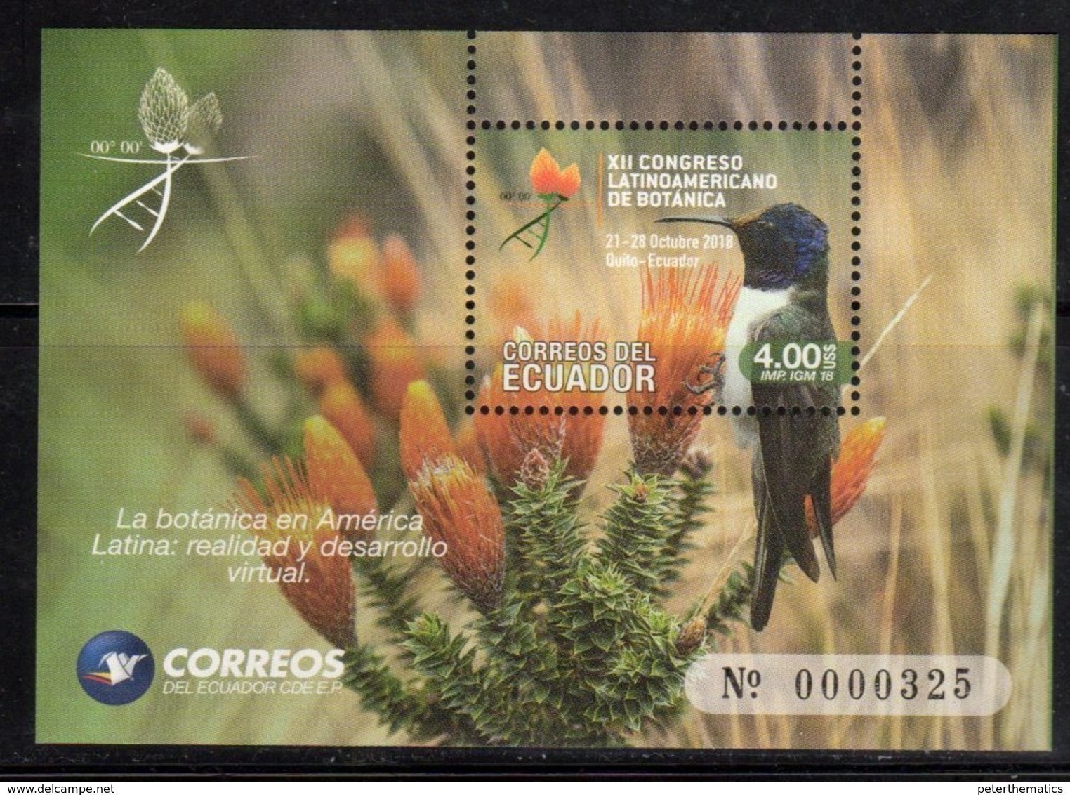 ECUADOR, 2018, MNH,XII LATIN AMERICA CONGRESS OF BOTANY, FLORA, BIRDS, HUMMING BIRDS, S/SHEET - Hummingbirds