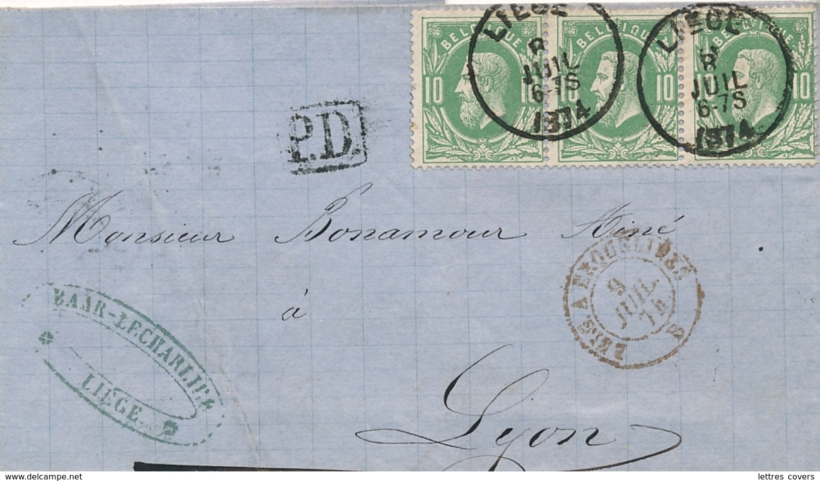 Belgique N°30 BANDE De 3 Sur Lettre > Lyon France - Cachet Entrée " BELG. A ERQUELINES 9/7/74 " - 1869-1883 Léopold II