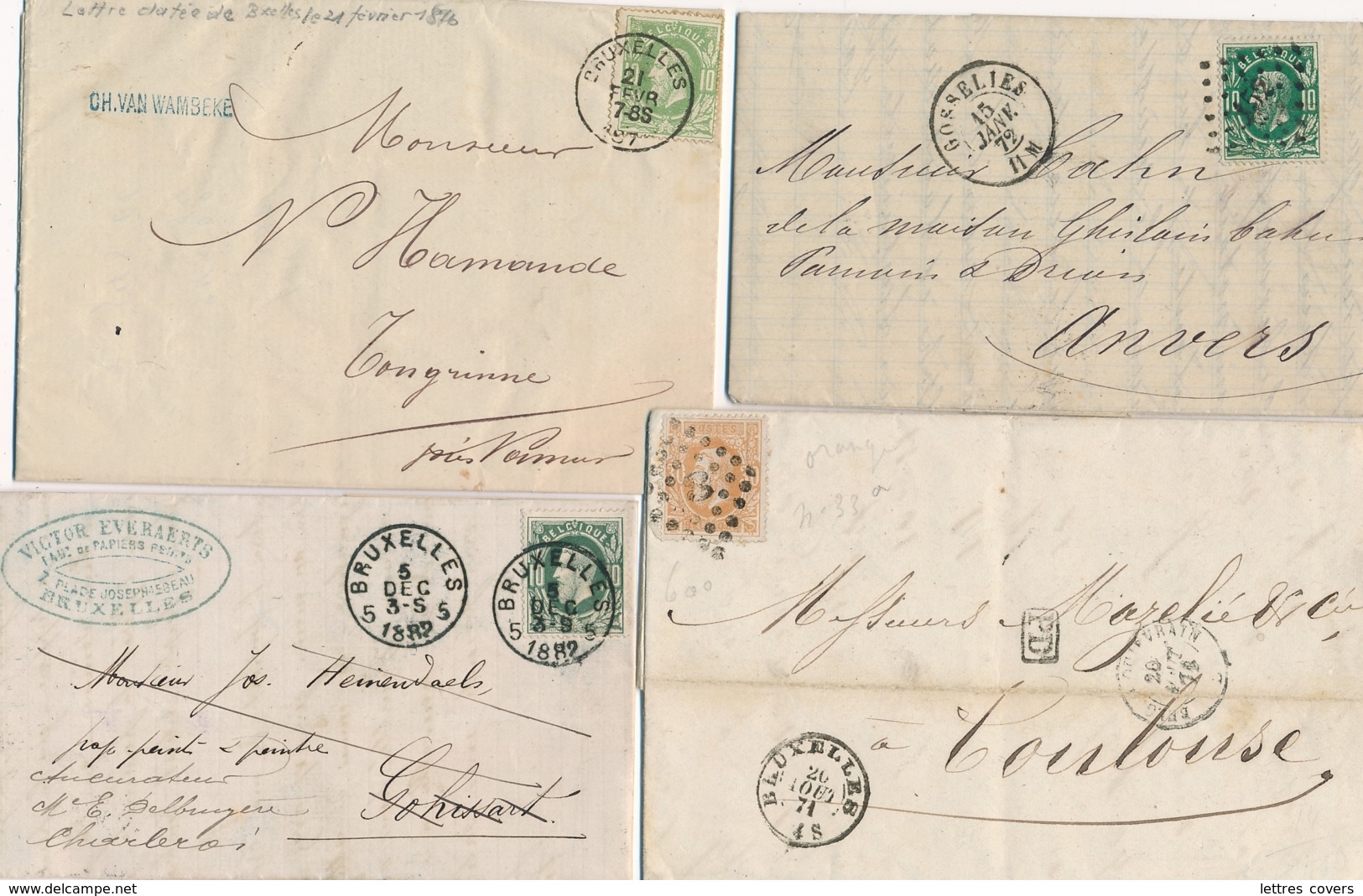 Belgique Lot De 4 Lettres Avec N°30 Et 33a  Dt Cachet SOMBREFFE - A Etudier - 1869-1883 Leopold II