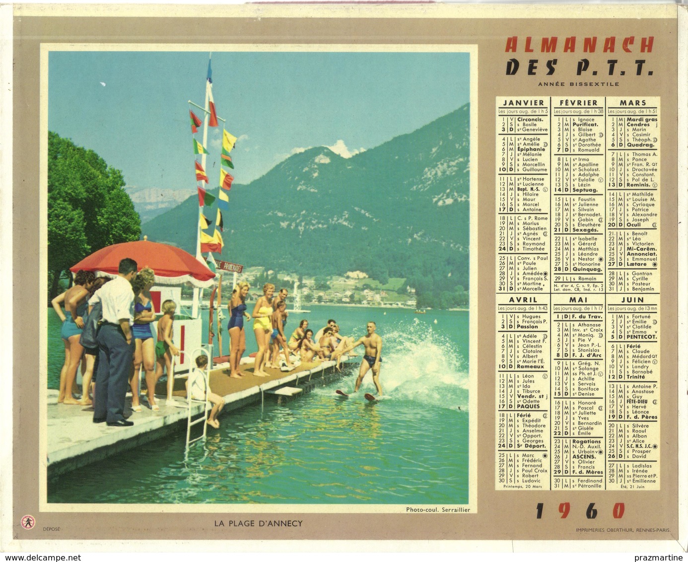 Calendrier PTT Double 1960 - La Plage D'Annecy - Téléphérique à L'Alpe D'Huez - Grand Format : 1941-60