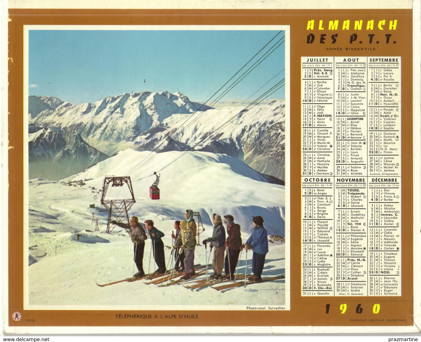 Calendrier PTT Double 1960 - La Plage D'Annecy - Téléphérique à L'Alpe D'Huez - Grand Format : 1941-60