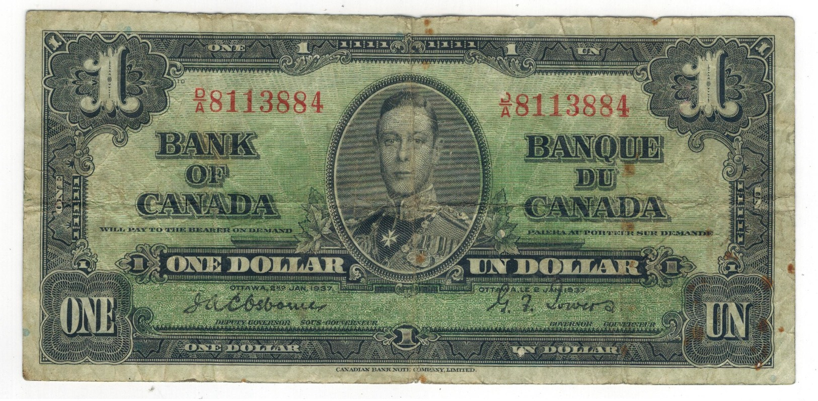 Canada 1 Dollar 1937, Osborne-Towers (Rare) Used, See Scan. - Canada