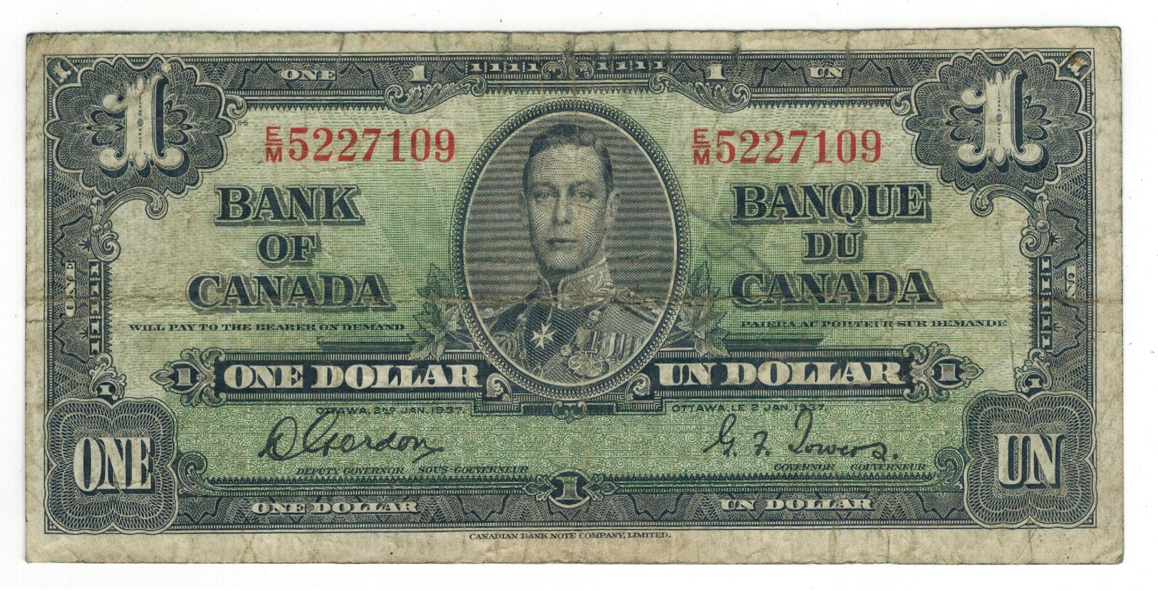 Canada 1 Dollar 1937, Gordon-Towers , Used, See Scan. - Canada