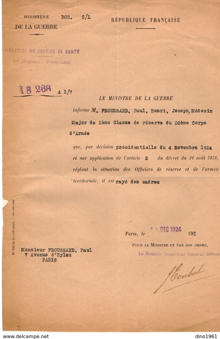 VP14.872 - MILITARIA - PARIS 1924 - Lettre Du Ministère De La Guerre Mr Le Médecin TOUBERT à Mr Le Docteur FROUSSARD - Documents