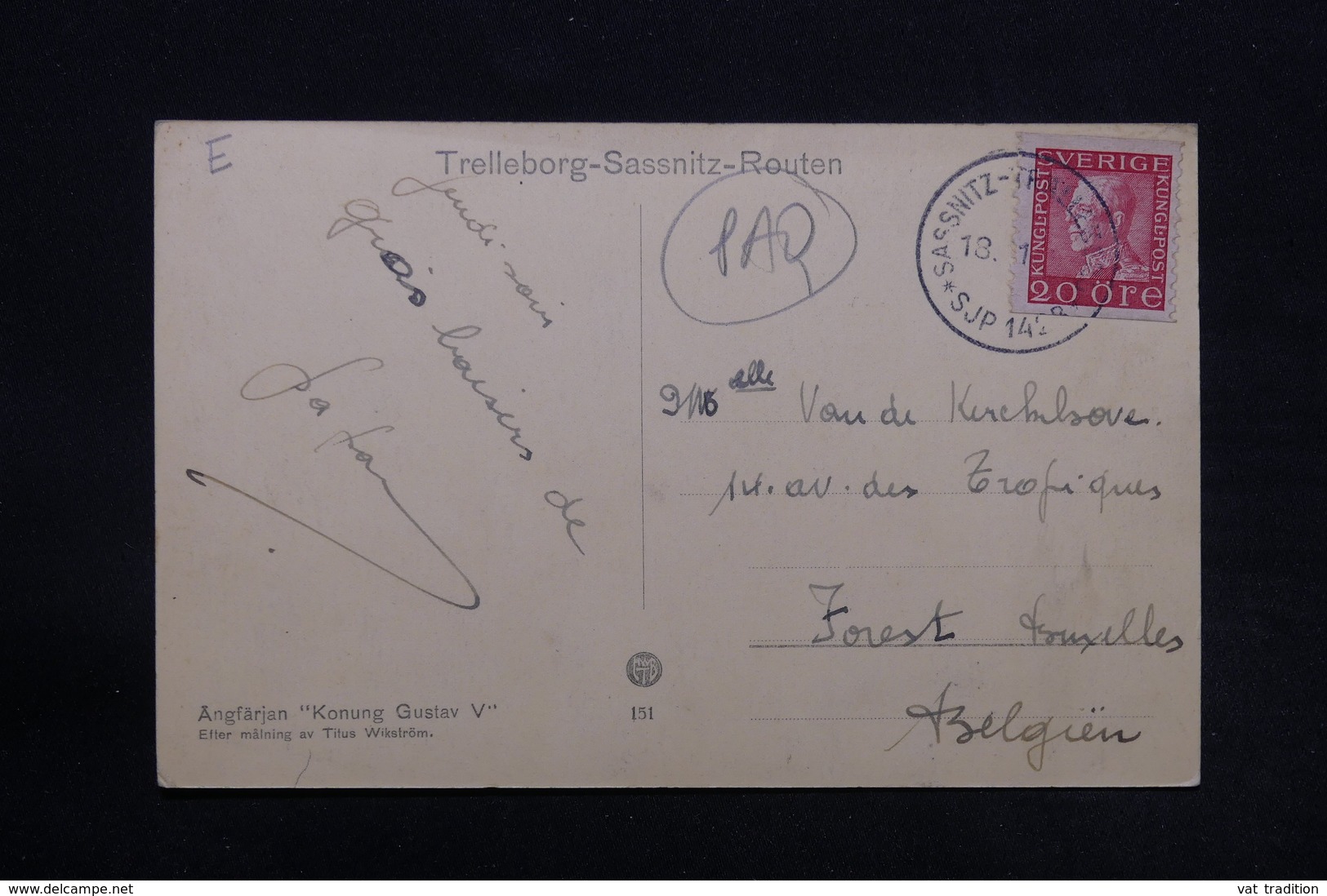 SUÈDE - Oblitération Maritime Sur Carte Postale  Pour La Belgique - L 28152 - Autres & Non Classés