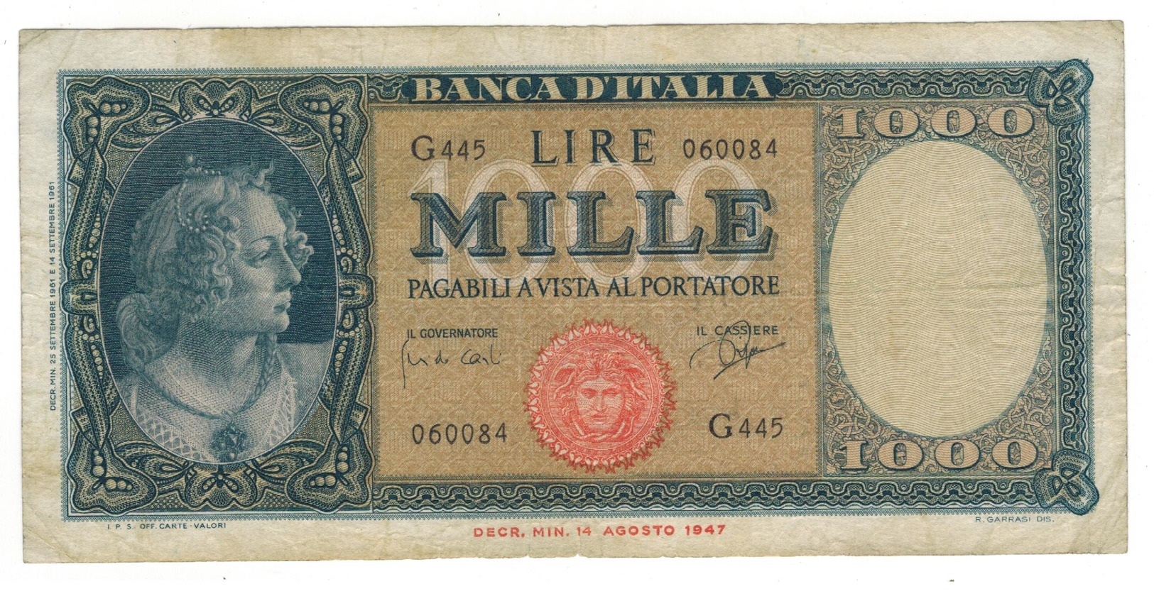 Italy 1000 Lire, 1947 , F/VF. - 1000 Lire