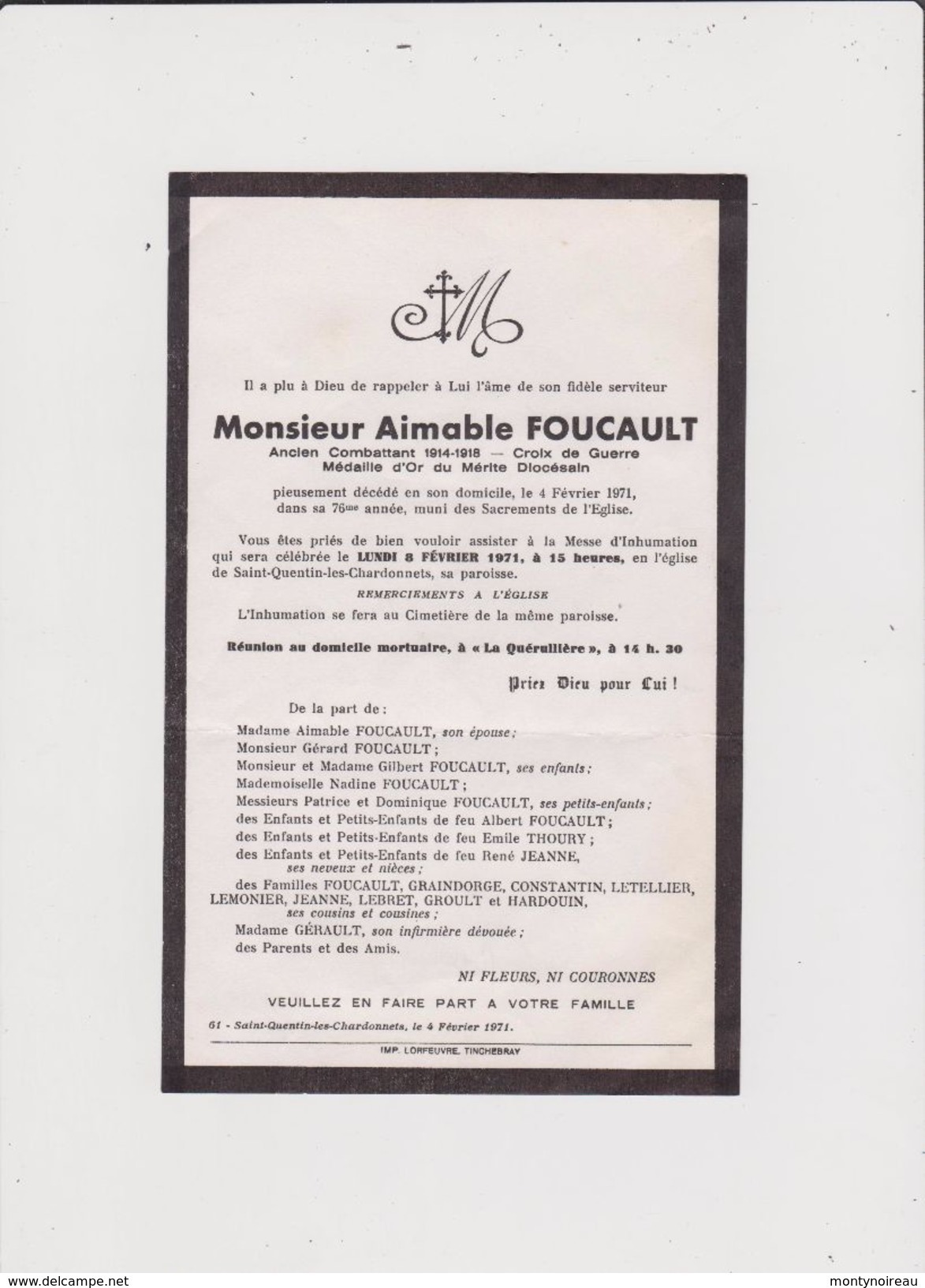 Vieux Papier:  Faire Part  Décés :  A SAINT QUENTIN Les CHARDONNETS 1971 Imp A Tinchebray - Décès