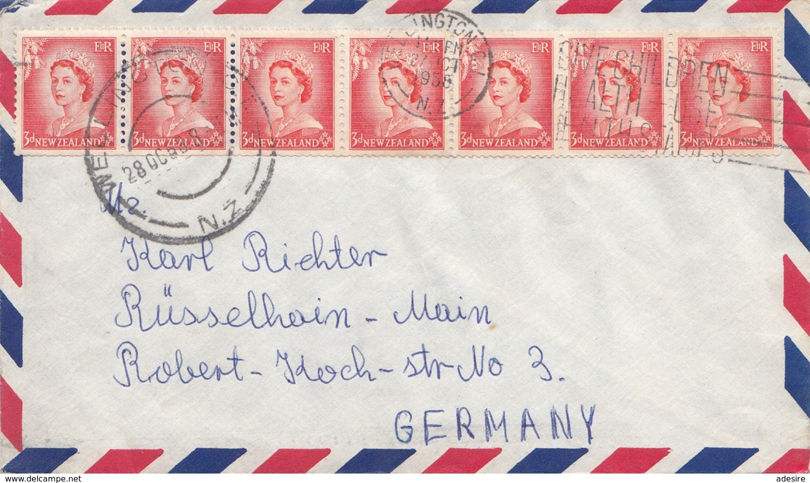 NEUSEELAND 1958 - 7 Fach Frankierung Auf Brief Gel.v. Neuseeland > Rüsselheim A.Main - Luchtpost