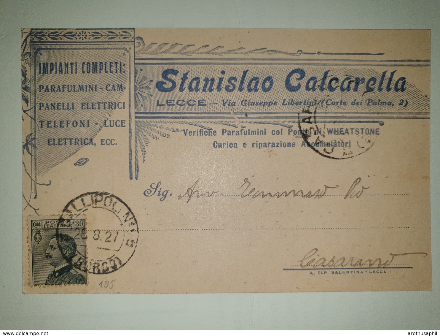 CP347-Cartolina Pubblicitaria Stanislao Calcarella - Parafulmini, Campanelli Elettrici, Telefoni - Lecce - Storia Postale
