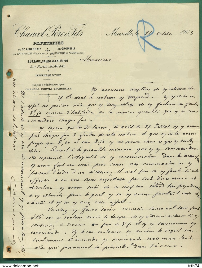 13 Marseille 84 Entraigues Saint Saturnin Les Avignons Papeteries De St Albergaty Gromel Chancel Pére Et Fils 21 10 1903 - Imprimerie & Papeterie