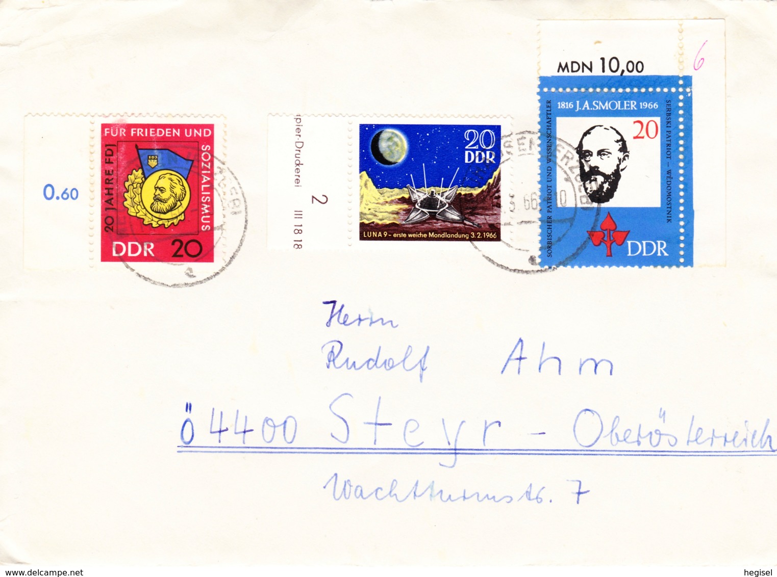 1966, DDR, "Luna 9" + "J. A. Smoler" + " 20 Jahre FDJ", Echt Gelaufen - Private Covers - Used