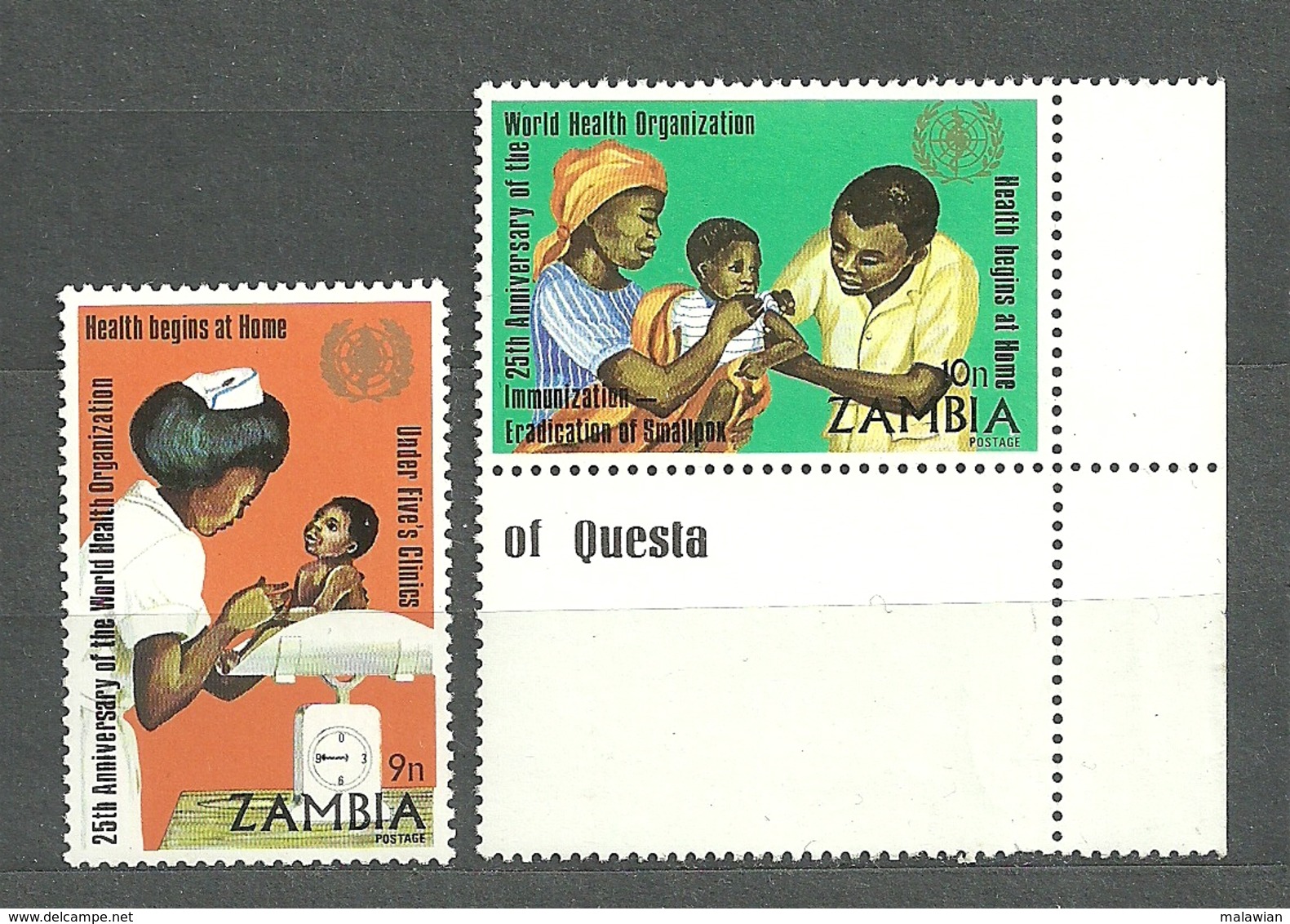 Zambia, 1973 (#112-13i), 25th Anniversary WHO, Mother, Child, Nursing, Nutrition Fruits, Immonization - OMS