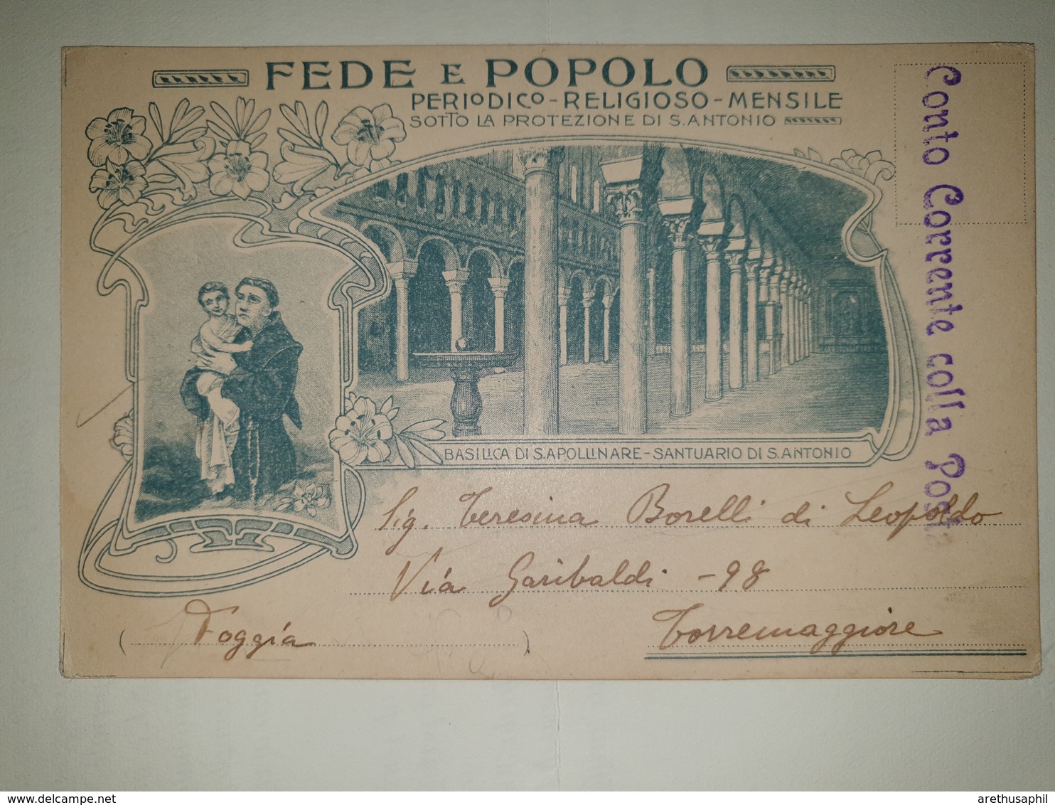 CP395-Cartolina Pubblicitaria Fede E Popolo - Periodico Religioso Mensile - Ravenna - Spedita In Conto Corrente Postale - Poststempel