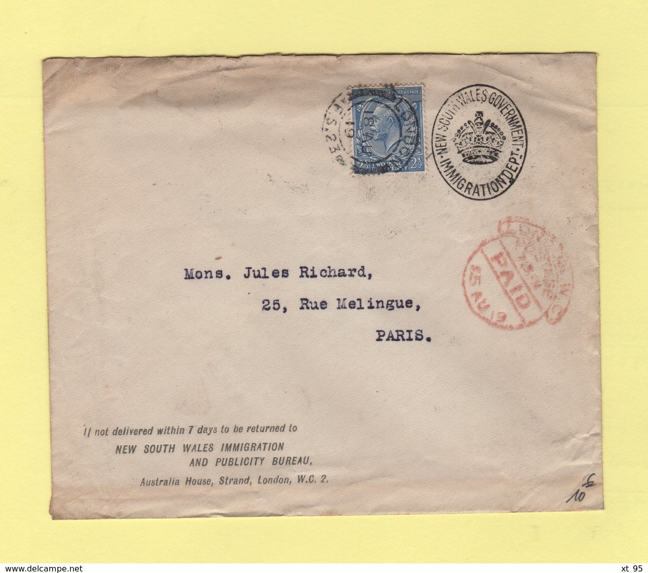 New South Wales Gouvernement Immigration Dept - Lettre A Destination De France - 18 Aout 1919 - Lettres & Documents