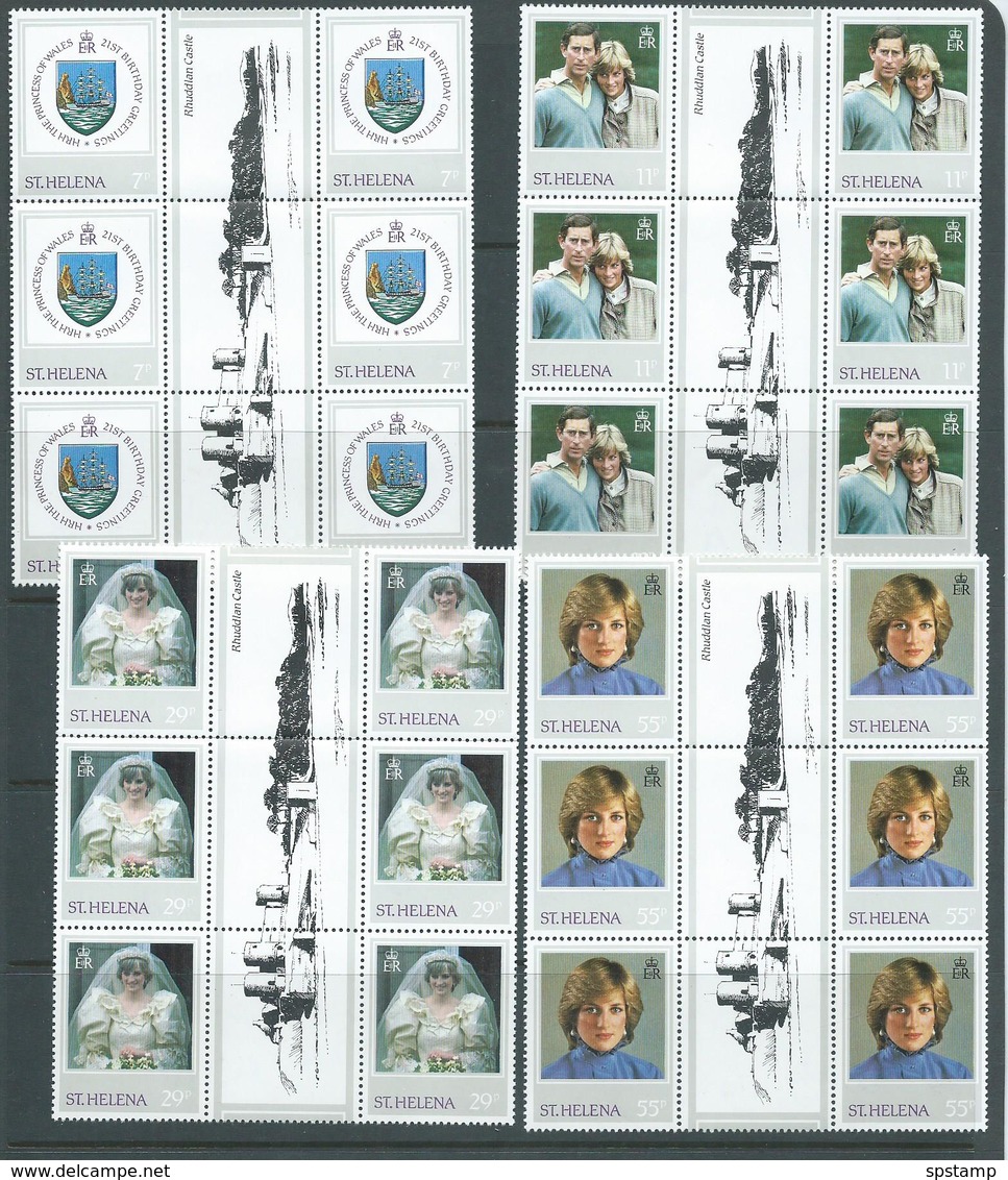 St Helena 1982 Princess Diana 21st Birthday Set 4 X6 As Gutter Blocks With Rhuddlan Castle MNH - Saint Helena Island