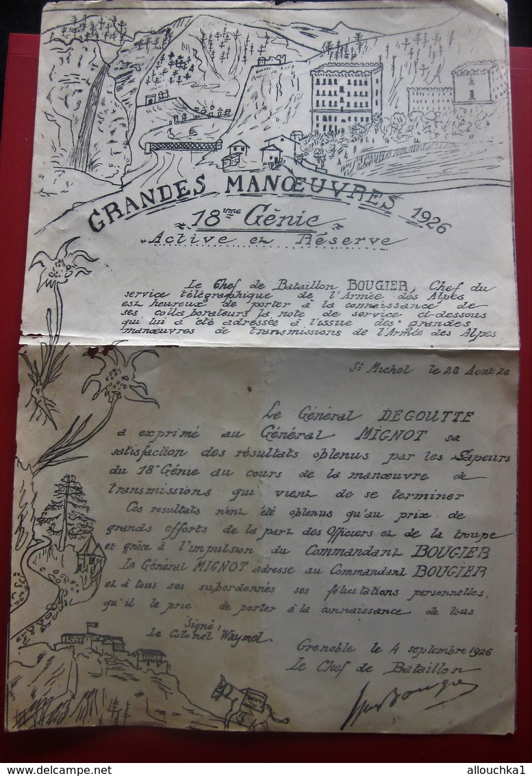 SAPEURS 18é GENIE SERVICE TÉLÉGRAPHIQUE DES ALPES GRANDES MANŒUVRES 1926 CHEF BATAILLON BOUGIER-GÉNÉRAL DEGOUTTE/MIGNOT - Documents