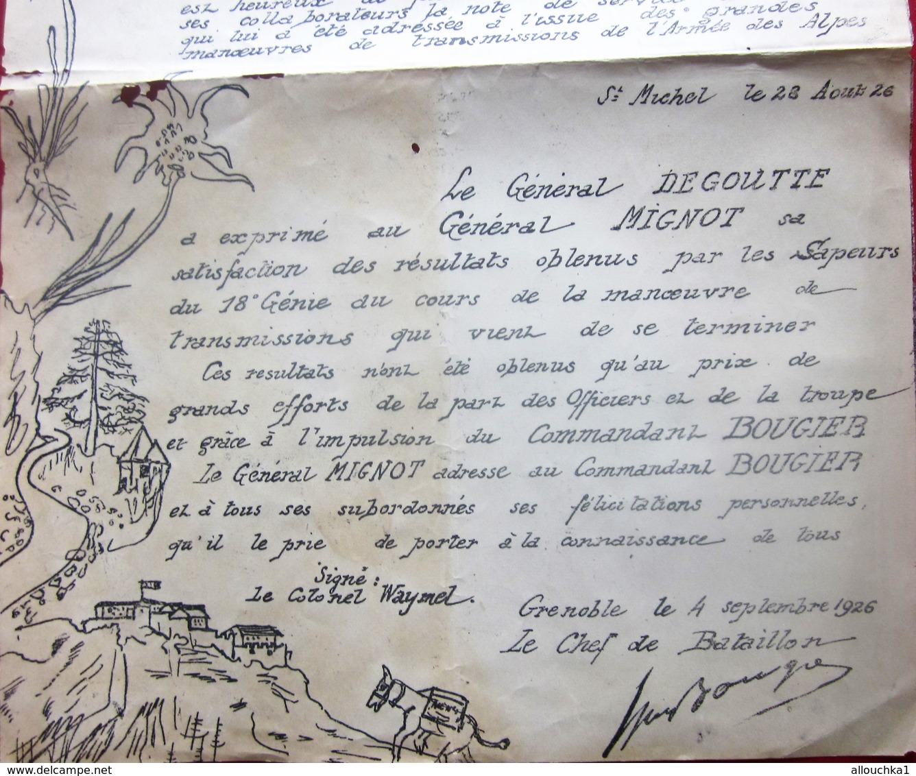 SAPEURS 18é GENIE SERVICE TÉLÉGRAPHIQUE DES ALPES GRANDES MANŒUVRES 1926 CHEF BATAILLON BOUGIER-GÉNÉRAL DEGOUTTE/MIGNOT - Documents