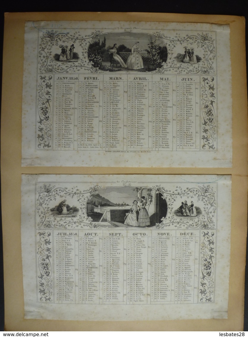 ALMANACH  1850 CALENDRIER 2 SEMESTRIELS  Lithographie  Allégorie  Confidence   Arabesque  Impr Dubois -Trianon - Big : ...-1900