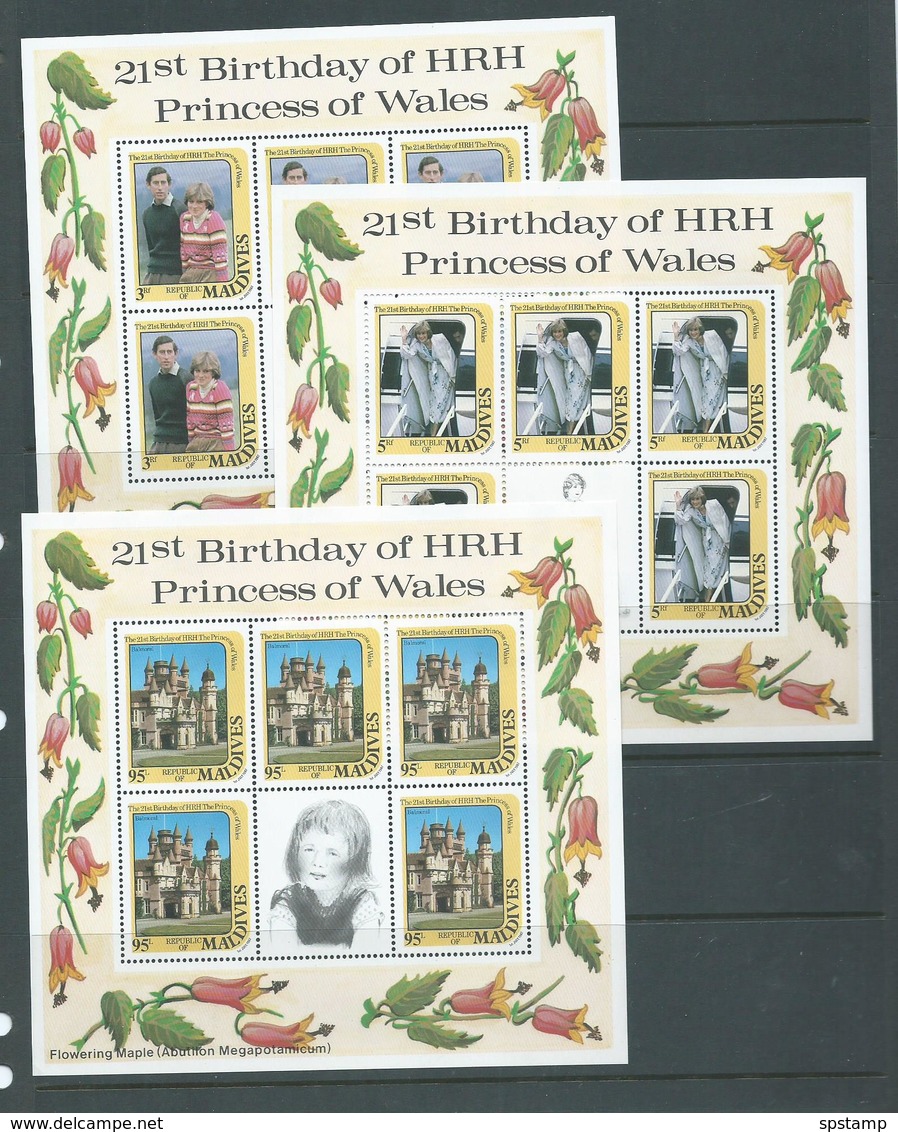 Maldives 1982 Princess Diana 21st Birthday Set Of 3 Sheetlets Of 5 Values + Label MNH - Malediven (1965-...)