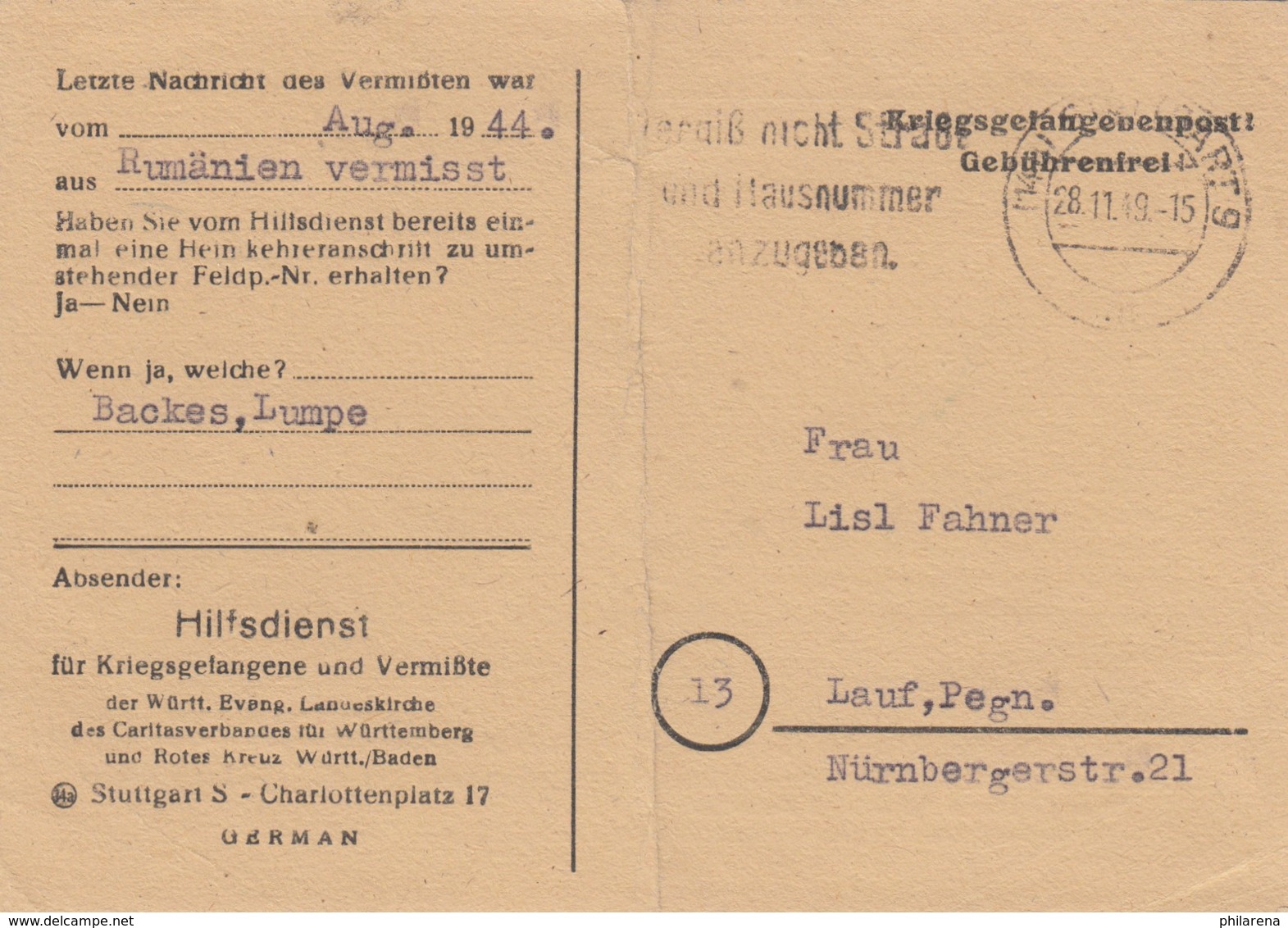 1949: Kgf Post, Stuttgart Nach Lauf, Hilfdienst, Rumänien Vermisst, Gebührenfrei - Sonstige & Ohne Zuordnung