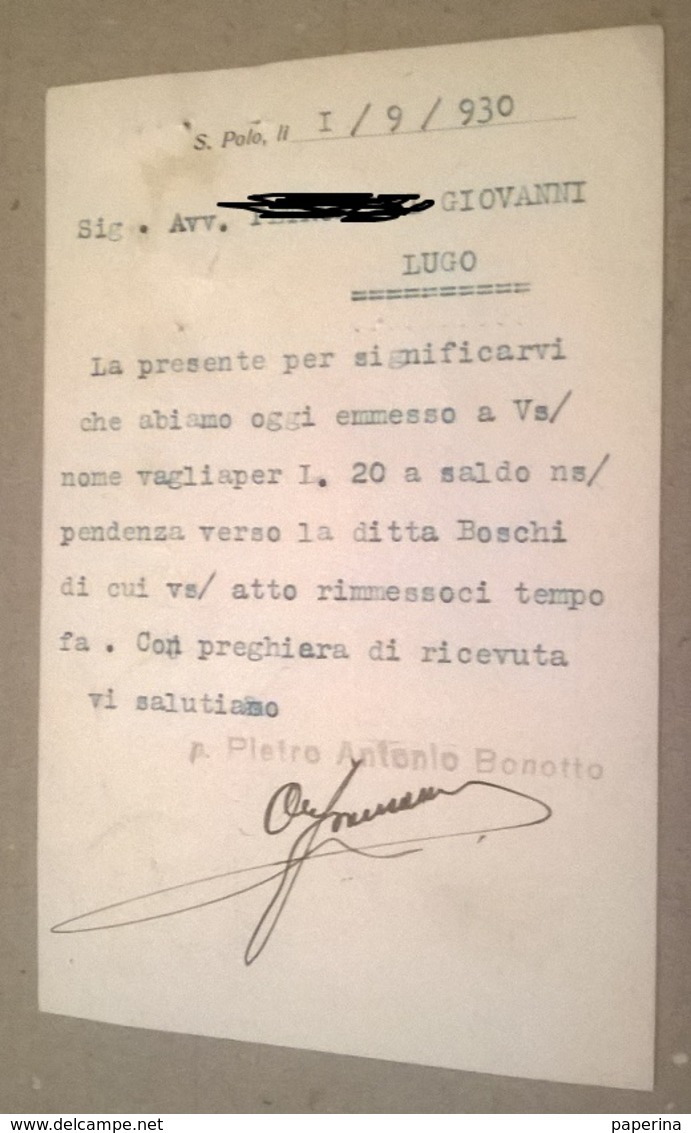 PREMIATA DITTA BONOTTO PIETRO ANTONIO E FIGLI  S. POLO DI PIAVE   VIAGGIATA 1930   (577) - Werbepostkarten