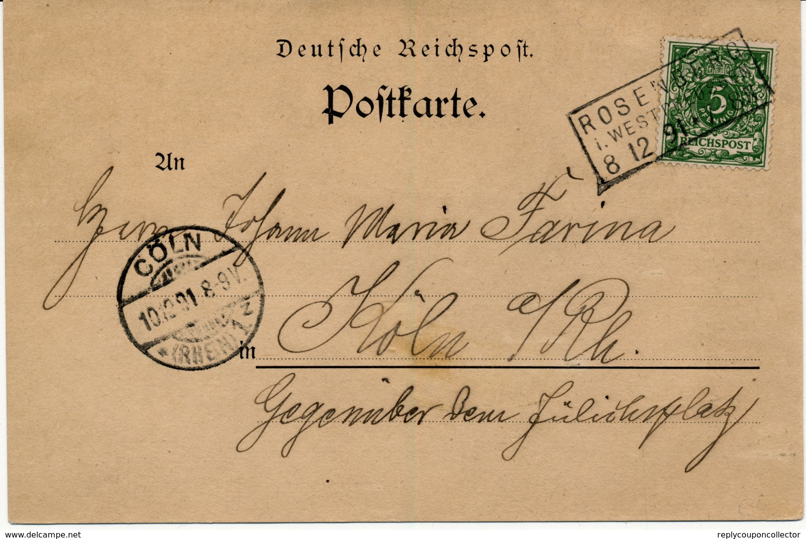 ROSENBERG / Susz - 1891 , Postkarte Nach Köln - Autres & Non Classés