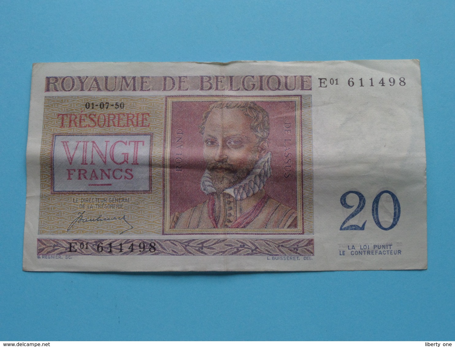 VINGT Francs TWINTIG Frank : E01 611498 ( Thesaurie / Trésorerie - Philippus De Monte ) 01-07-50 > Belgique/België ! - 20 Francs