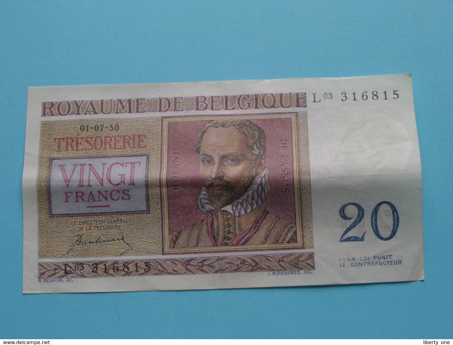 VINGT Francs TWINTIG Frank : L03 316815 ( Thesaurie / Trésorerie - Philippus De Monte ) 01-07-50 > Belgique/België ! - 20 Francs