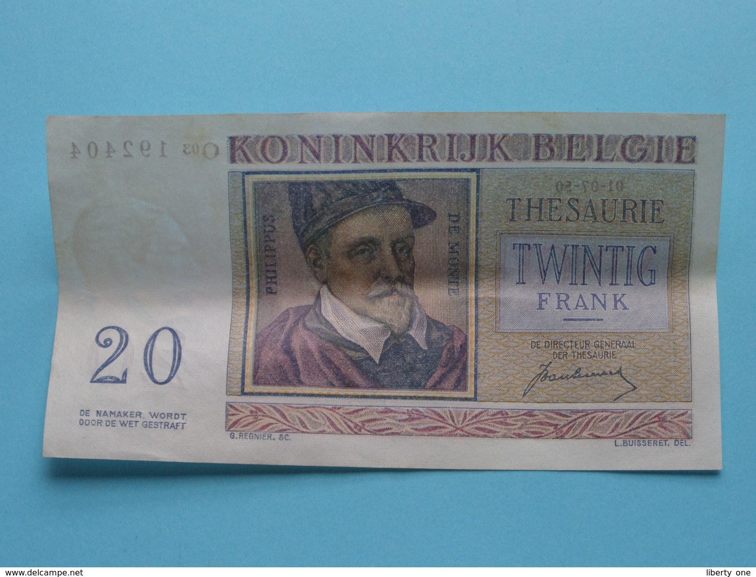 VINGT Francs TWINTIG Frank : O03 192404 ( Thesaurie / Trésorerie - Philippus De Monte ) 01-07-50 > Belgique/België ! - 20 Francs