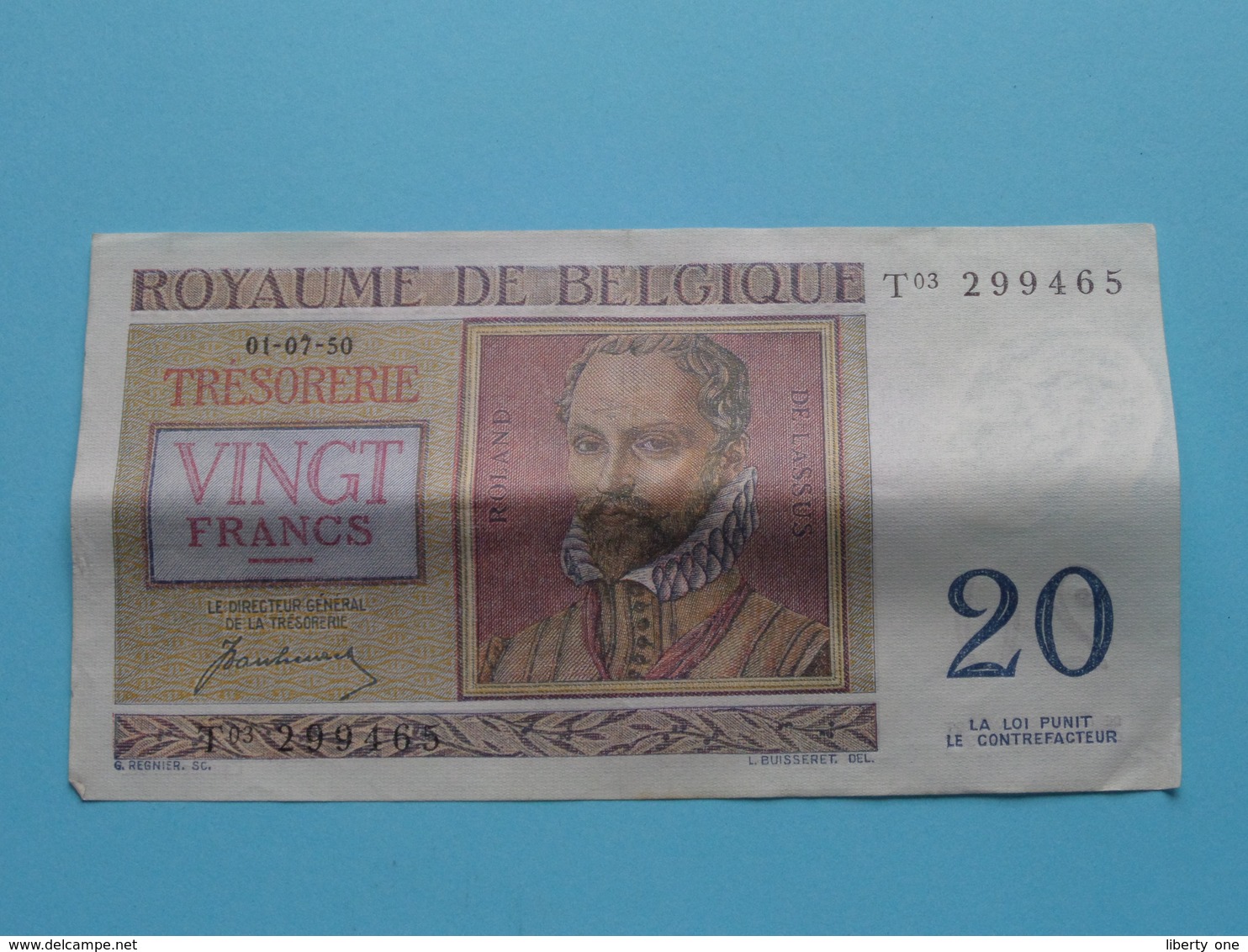 VINGT Francs TWINTIG Frank : T03 299465 ( Thesaurie / Trésorerie - Philippus De Monte ) 01-07-50 > Belgique/België ! - 20 Francs