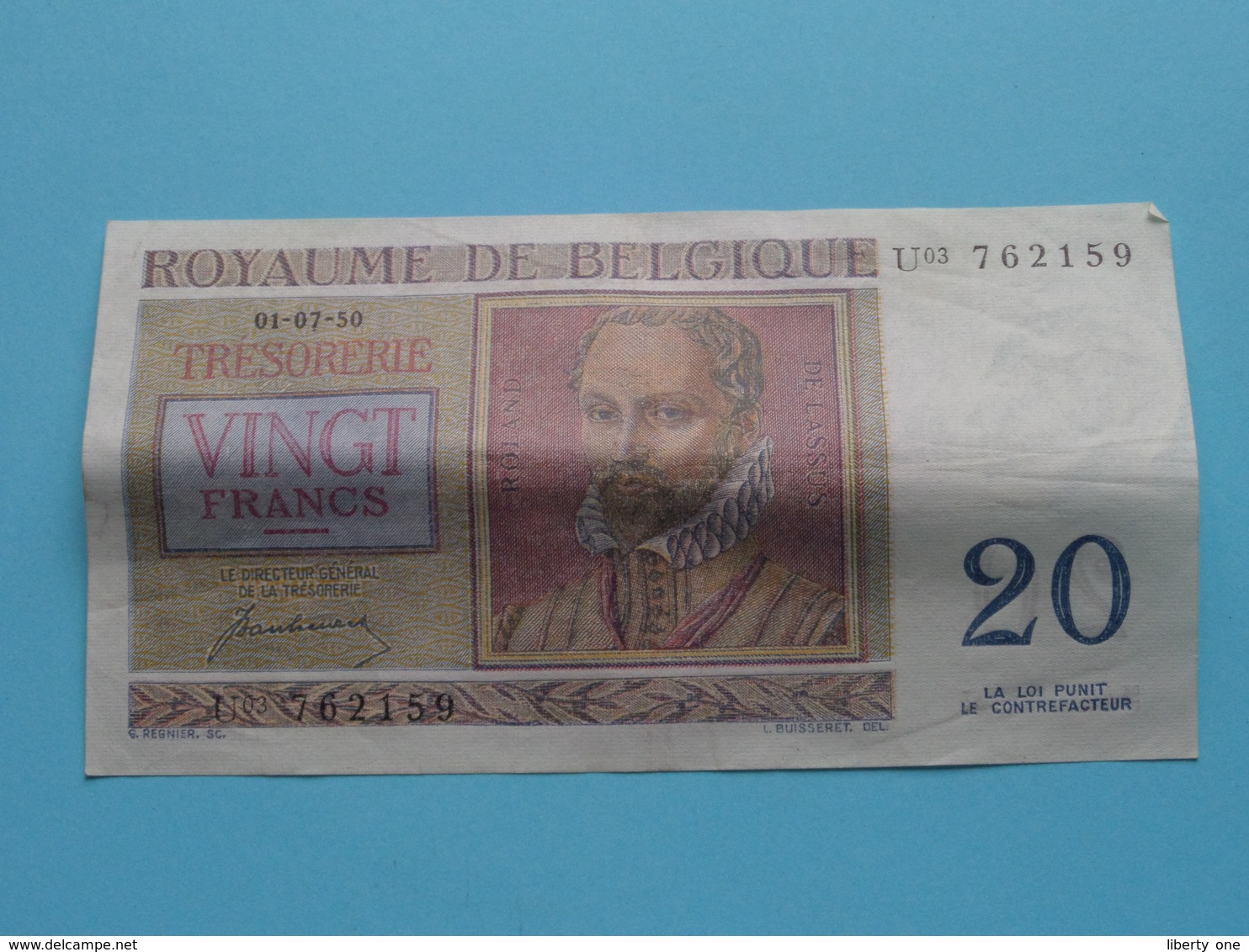 VINGT Francs TWINTIG Frank : U03 762159 ( Thesaurie / Trésorerie - Philippus De Monte ) 01-07-50 > Belgique/België ! - 20 Francs