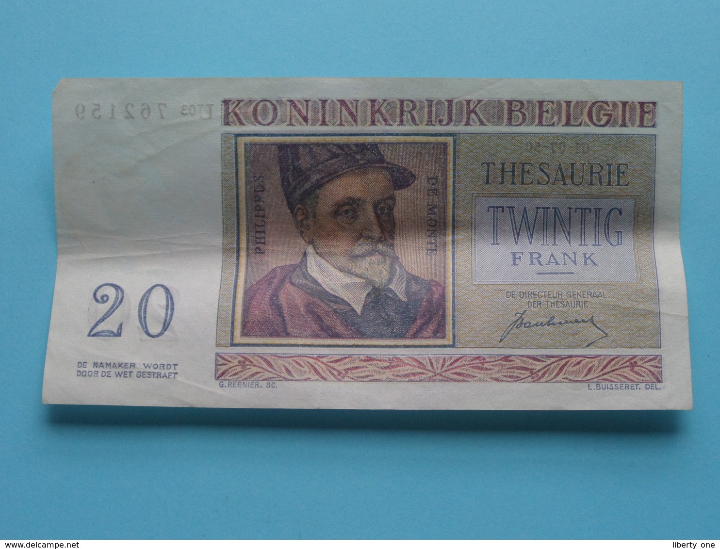 VINGT Francs TWINTIG Frank : U03 762159 ( Thesaurie / Trésorerie - Philippus De Monte ) 01-07-50 > Belgique/België ! - 20 Francs