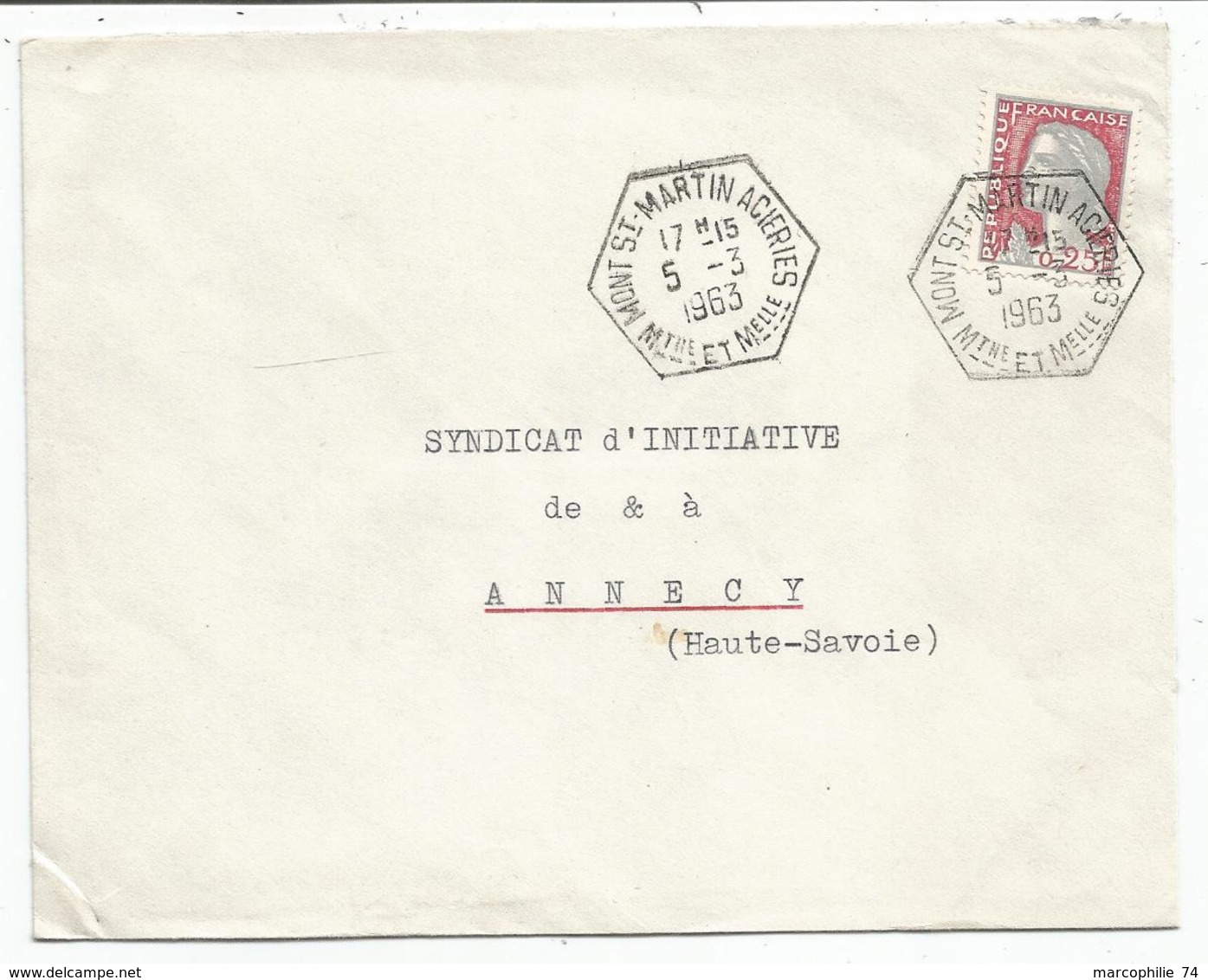 N°1263 LETTRE C. HEX MONT ST MARTIN ACIERIES 5.3.1963 Mthe ET Melle GERANCE - Manual Postmarks