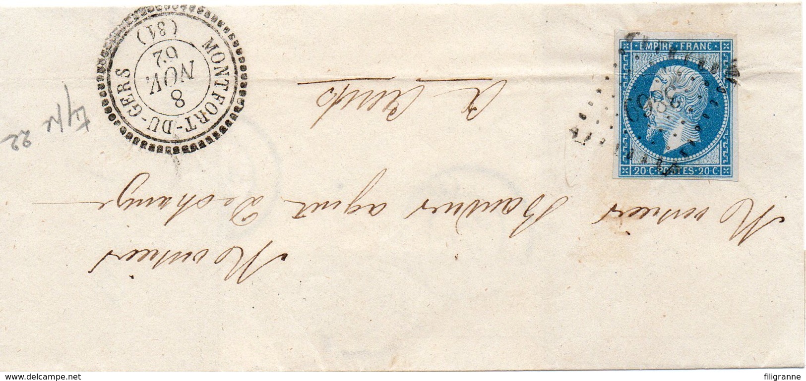 JOLIE LETTRE DE MONTFORT DU GERS   AVEC CACHET PERLE  PETITS CHIFFRES 3869 - 1853-1860 Napoléon III