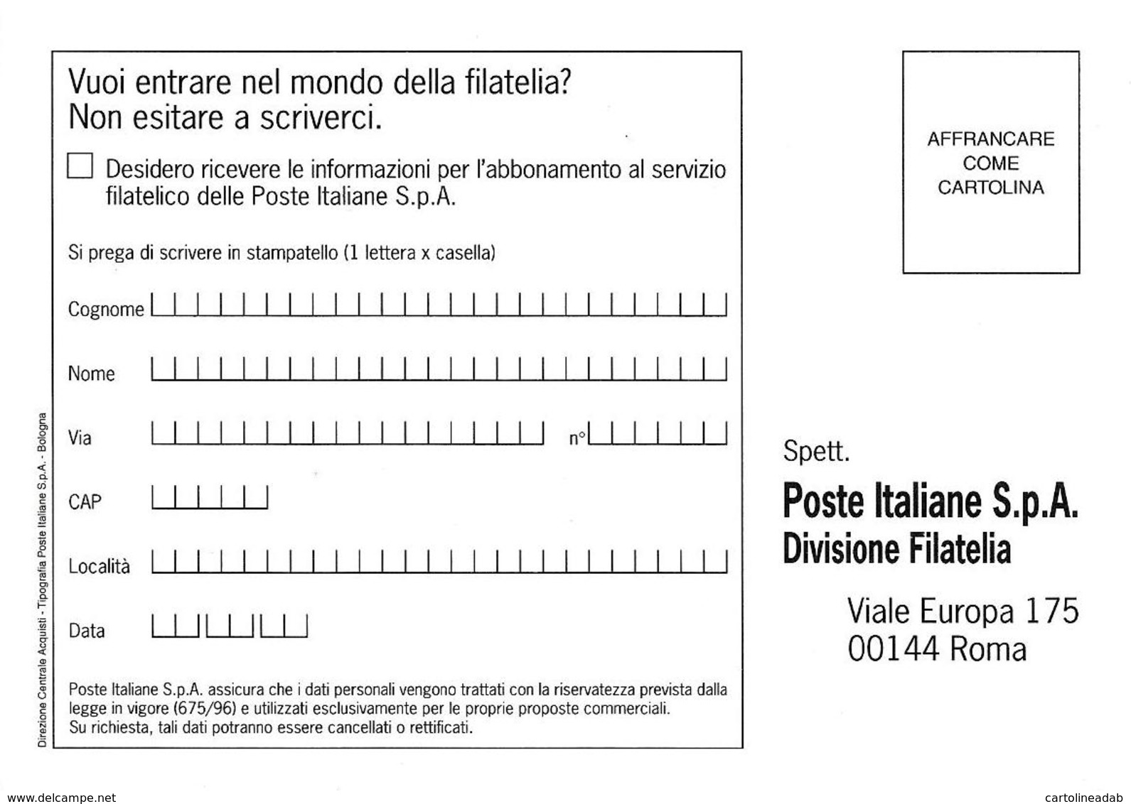 [MD3178] CPM - POSTE ITALIANE FILATELIA - ACQUISTA E COLLEZIONA I FRANCOBOLLI IN EURO - Non Viaggiata - Stamps (pictures)
